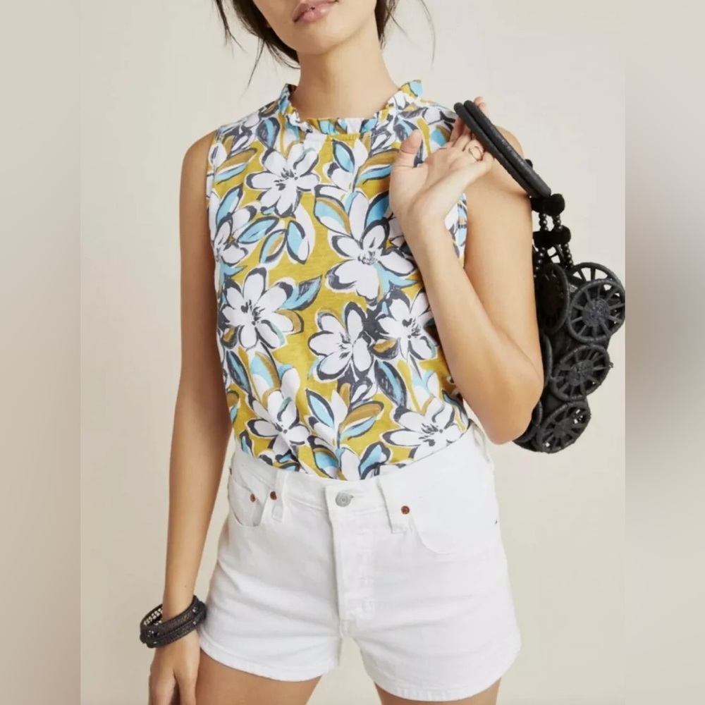 Medium Anthropologie T.La Floral Sleeveless mock neck top Yellow Blue ruffle